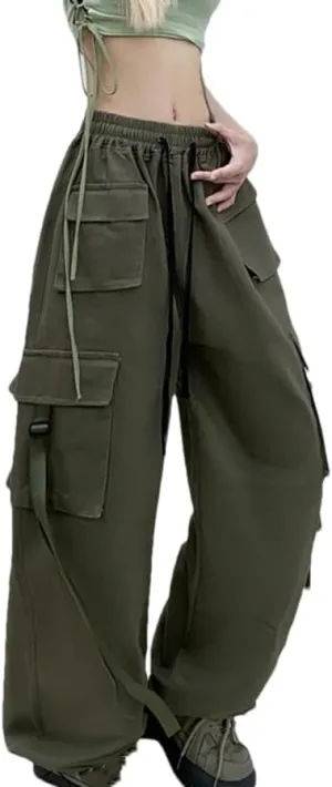 Women Cotton Cargo Pantswith Ribbon High Waist Wide Leg Dances Pants Ladies