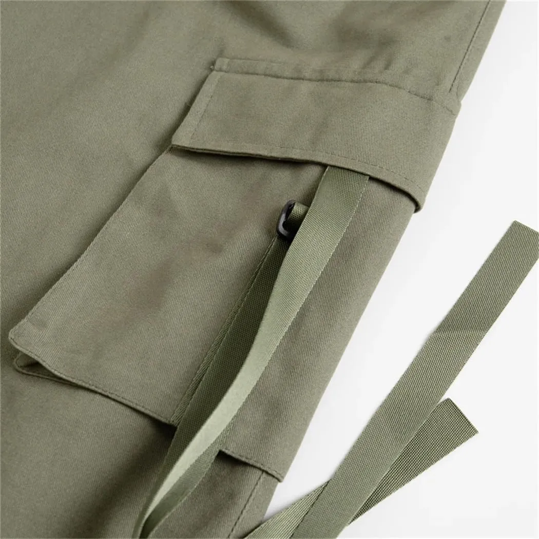 Women Cotton Cargo Pantswith Ribbon High Waist Wide Leg Dances Pants Ladies