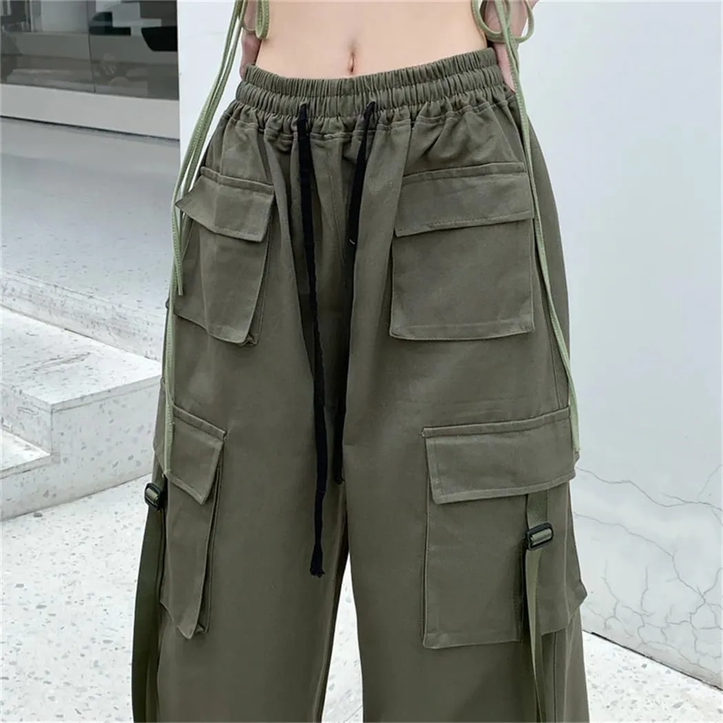 Women Cotton Cargo Pantswith Ribbon High Waist Wide Leg Dances Pants Ladies