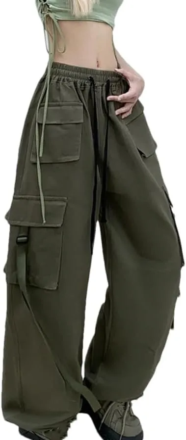 Women Cotton Cargo Pantswith Ribbon High Waist Wide Leg Dances Pants Ladies