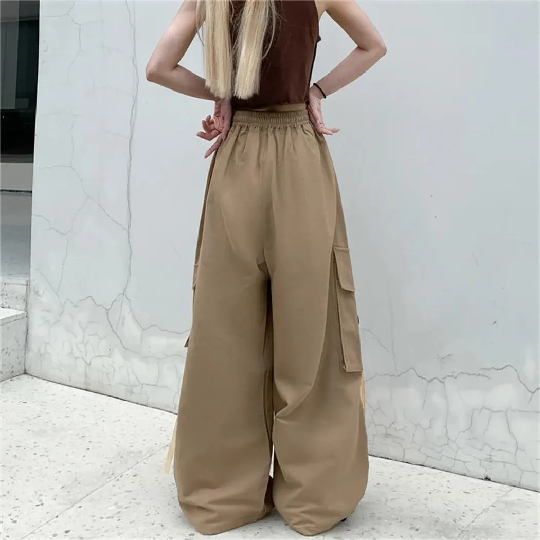 Women Cotton Cargo Pantswith Ribbon High Waist Wide Leg Dances Pants Ladies