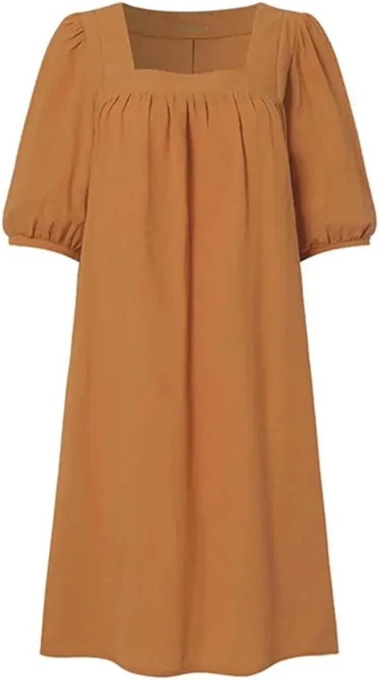 Women Cotton Linen 2025 Square Neck Dress Puff Half Sleeve Plain Mini Tshirt Dresses Plus Size Summer Casual Outfits