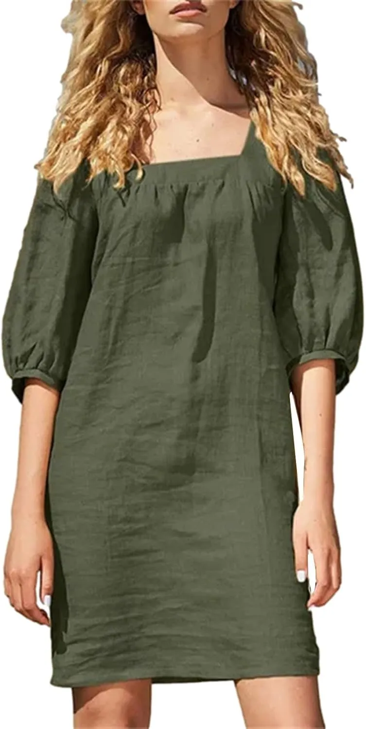 Women Cotton Linen 2025 Square Neck Dress Puff Half Sleeve Plain Mini Tshirt Dresses Plus Size Summer Casual Outfits