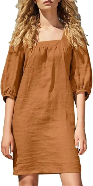 Women Cotton Linen 2025 Square Neck Dress Puff Half Sleeve Plain Mini Tshirt Dresses Plus Size Summer Casual Outfits