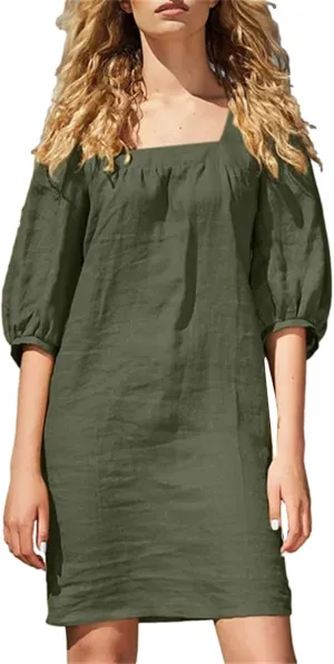 Women Cotton Linen 2025 Square Neck Dress Puff Half Sleeve Plain Mini Tshirt Dresses Plus Size Summer Casual Outfits