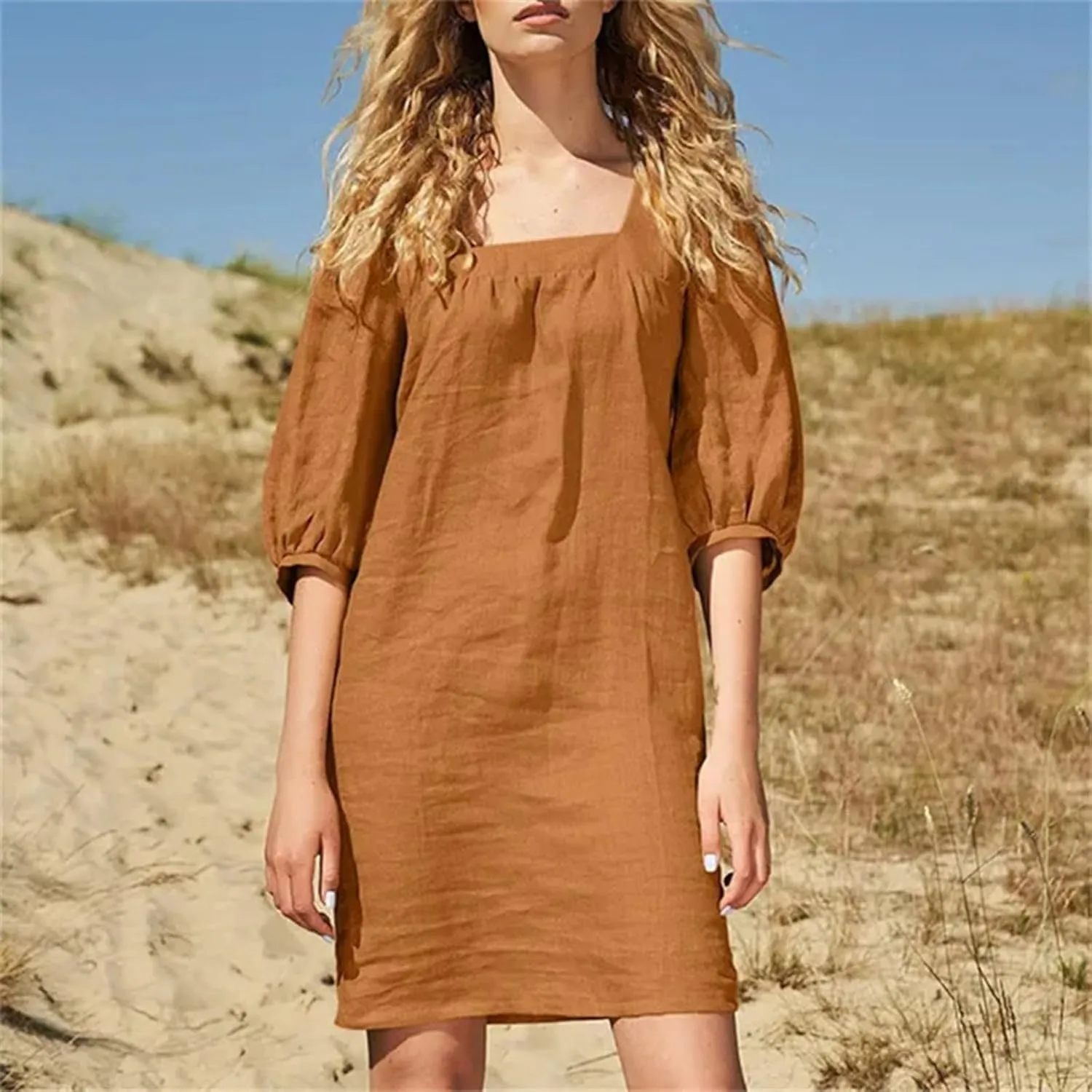 Women Cotton Linen 2025 Square Neck Dress Puff Half Sleeve Plain Mini Tshirt Dresses Plus Size Summer Casual Outfits