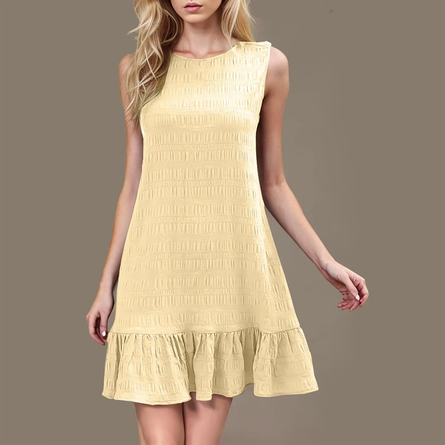 Women Cute Bubble Pleats Mini Dress Summer Flowy Ruffle Hem Tank Dresses Casual Vintage Beach Vacation Sundress