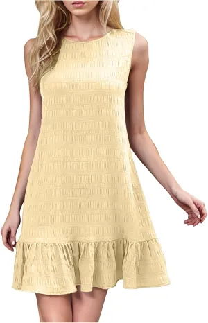 Women Cute Bubble Pleats Mini Dress Summer Flowy Ruffle Hem Tank Dresses Casual Vintage Beach Vacation Sundress