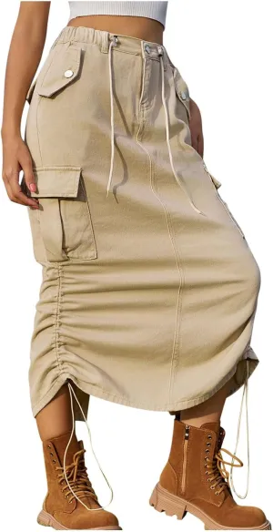 Women Denim Cargo Long Skirts High Waisted Pencil Skirt Summer Fashion Y2k Midi Length Jean Skirt with Cargo Pockets