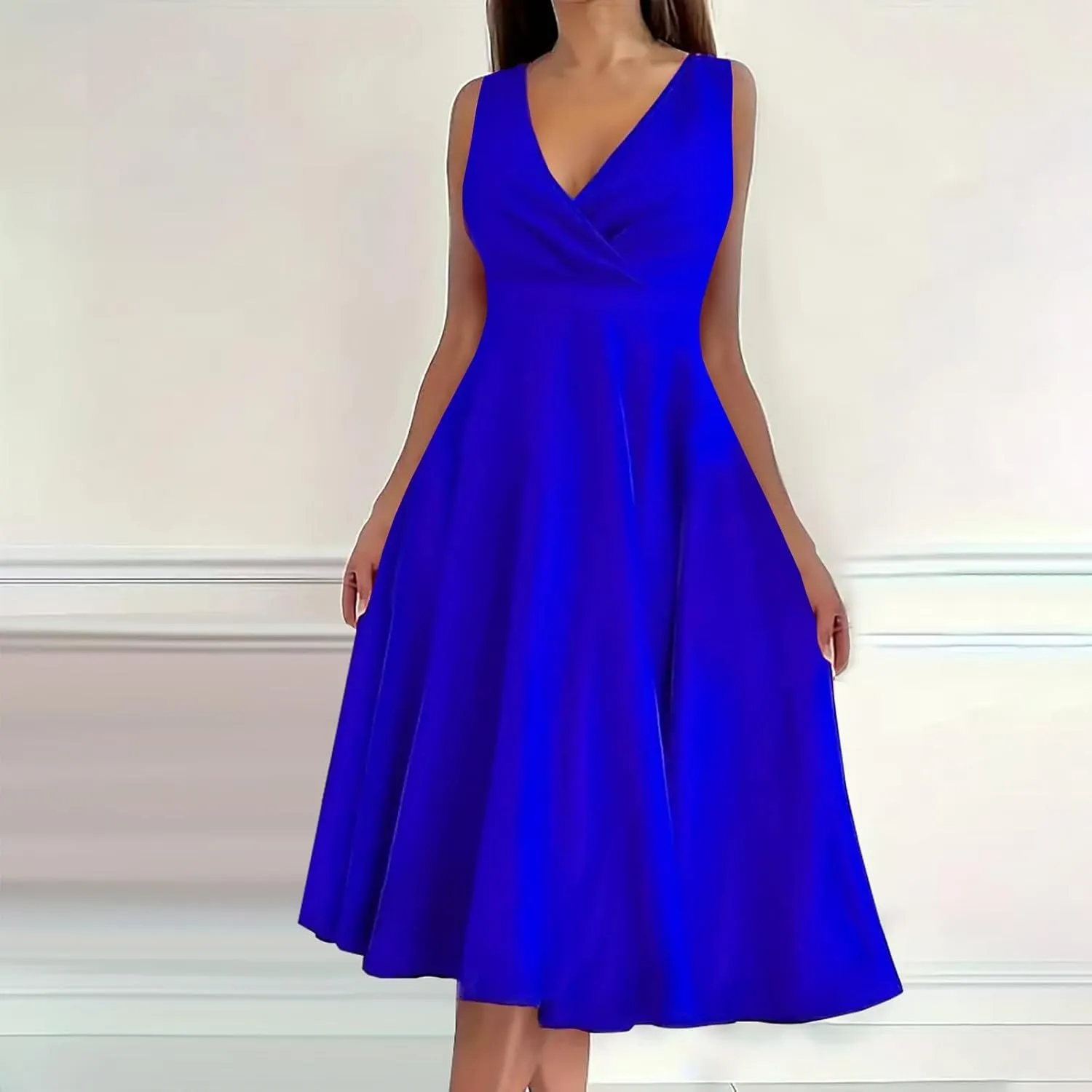 Women Ruched Wrap V Neck A-Line Dress Elegant Sleeveless High Waist Prom Dresses Evening Party Plain Midi Swing Gown