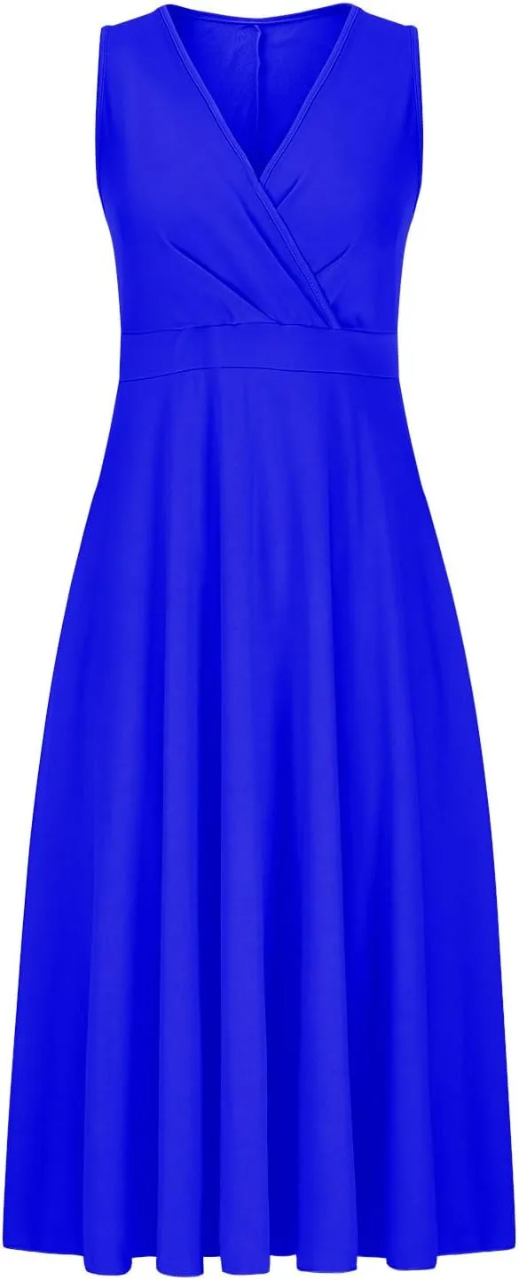 Women Ruched Wrap V Neck A-Line Dress Elegant Sleeveless High Waist Prom Dresses Evening Party Plain Midi Swing Gown