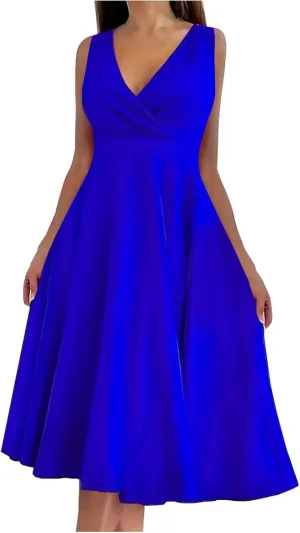 Women Ruched Wrap V Neck A-Line Dress Elegant Sleeveless High Waist Prom Dresses Evening Party Plain Midi Swing Gown