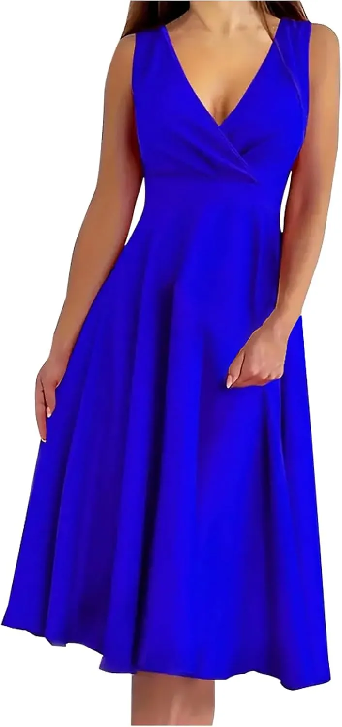 Women Ruched Wrap V Neck A-Line Dress Elegant Sleeveless High Waist Prom Dresses Evening Party Plain Midi Swing Gown