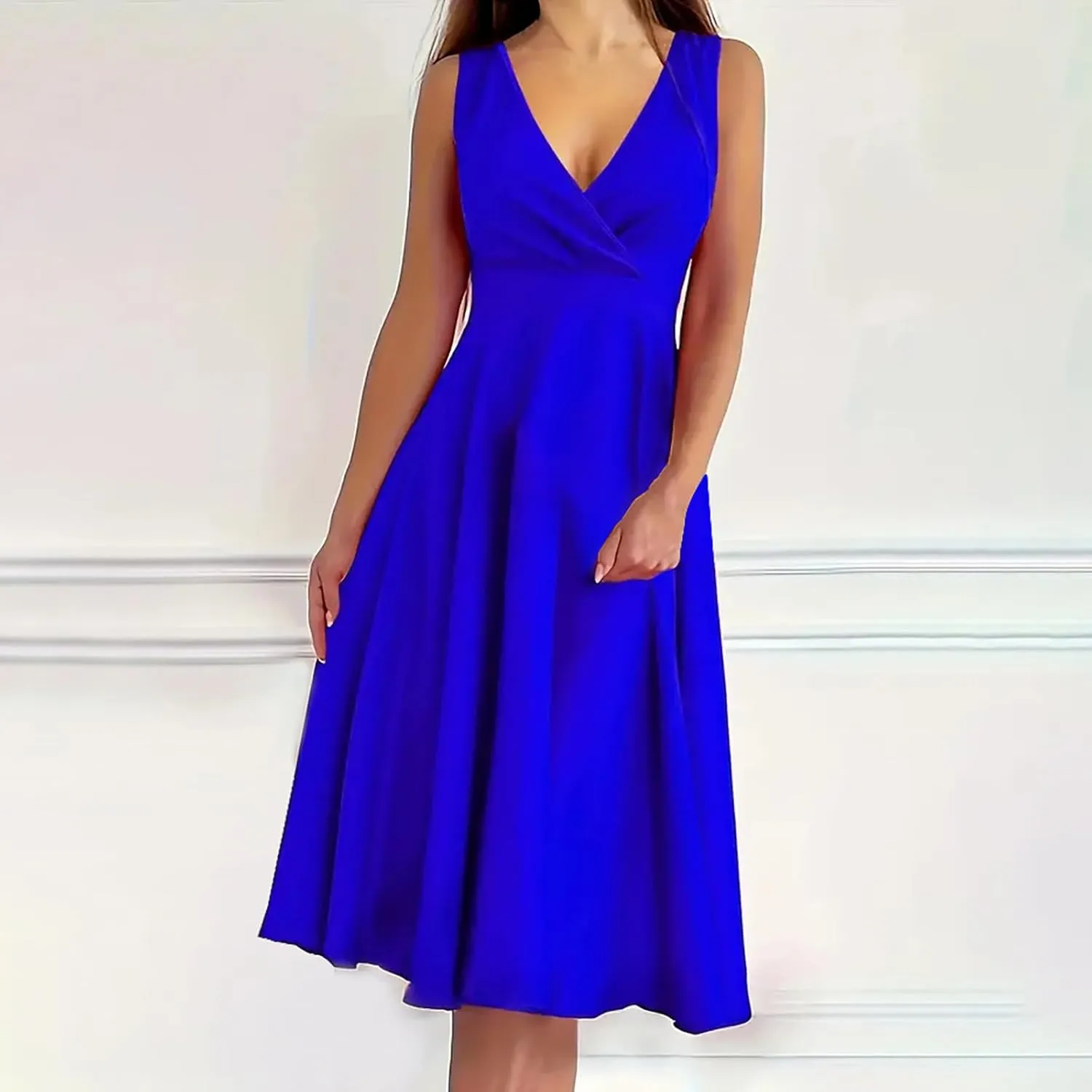 Women Ruched Wrap V Neck A-Line Dress Elegant Sleeveless High Waist Prom Dresses Evening Party Plain Midi Swing Gown