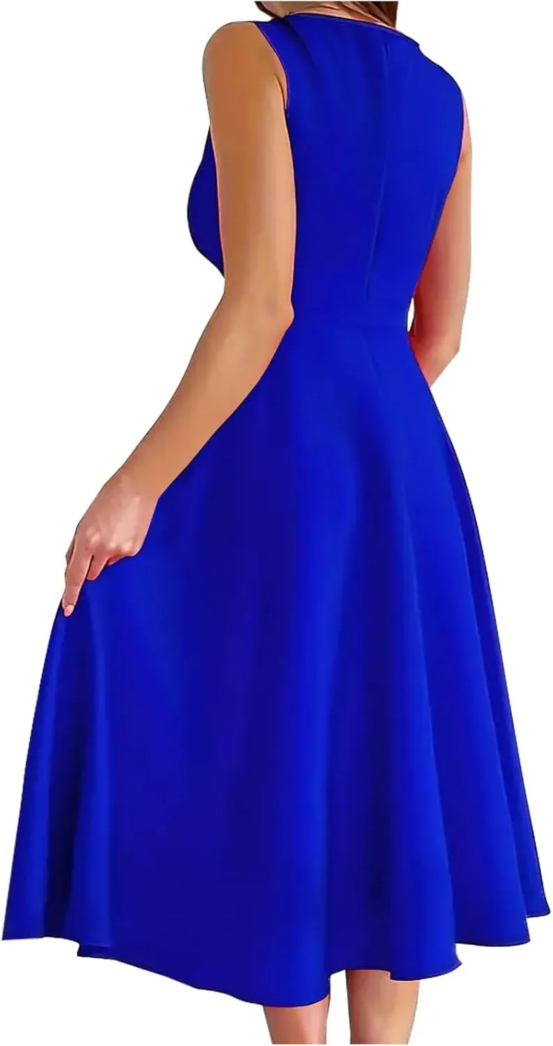 Women Ruched Wrap V Neck A-Line Dress Elegant Sleeveless High Waist Prom Dresses Evening Party Plain Midi Swing Gown