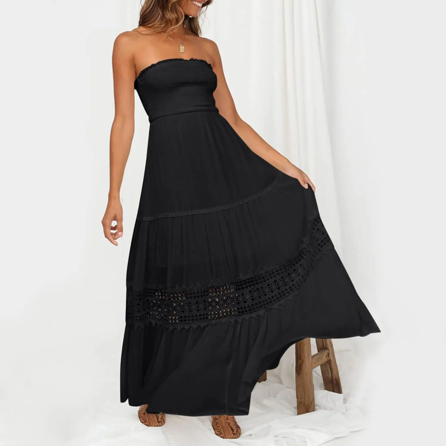 Women Strapless Boho Summer Maxi Dresses Backless Off Shoulder Lace Trim Flowy Swing Casual Long Dress Beach Sundress