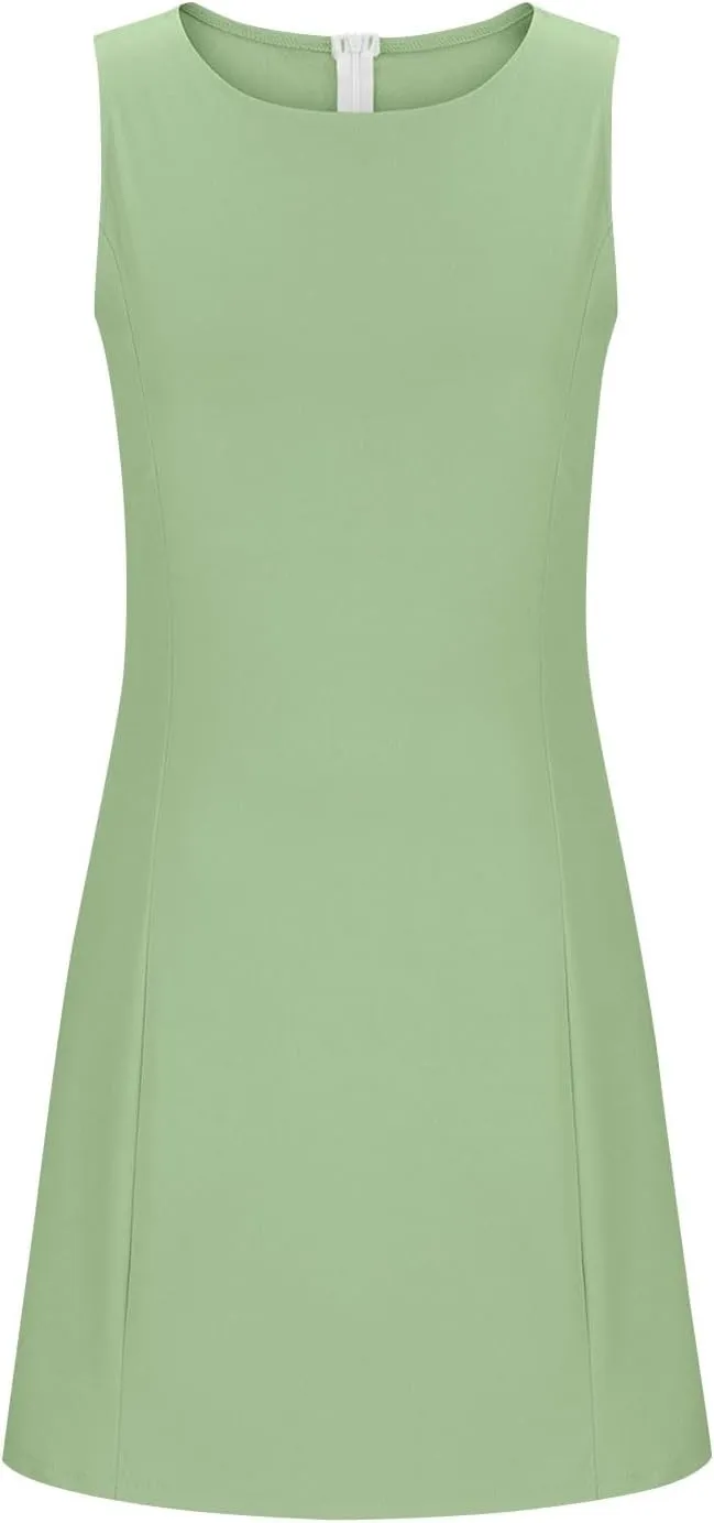 Women Summer A-Line Sleeveless Boat Neck Mini Dress Trendy Club Party Little Short Dresses Solid Color Tshirt Dress