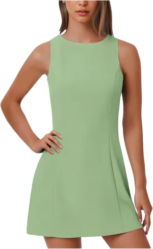 Women Summer A-Line Sleeveless Boat Neck Mini Dress Trendy Club Party Little Short Dresses Solid Color Tshirt Dress