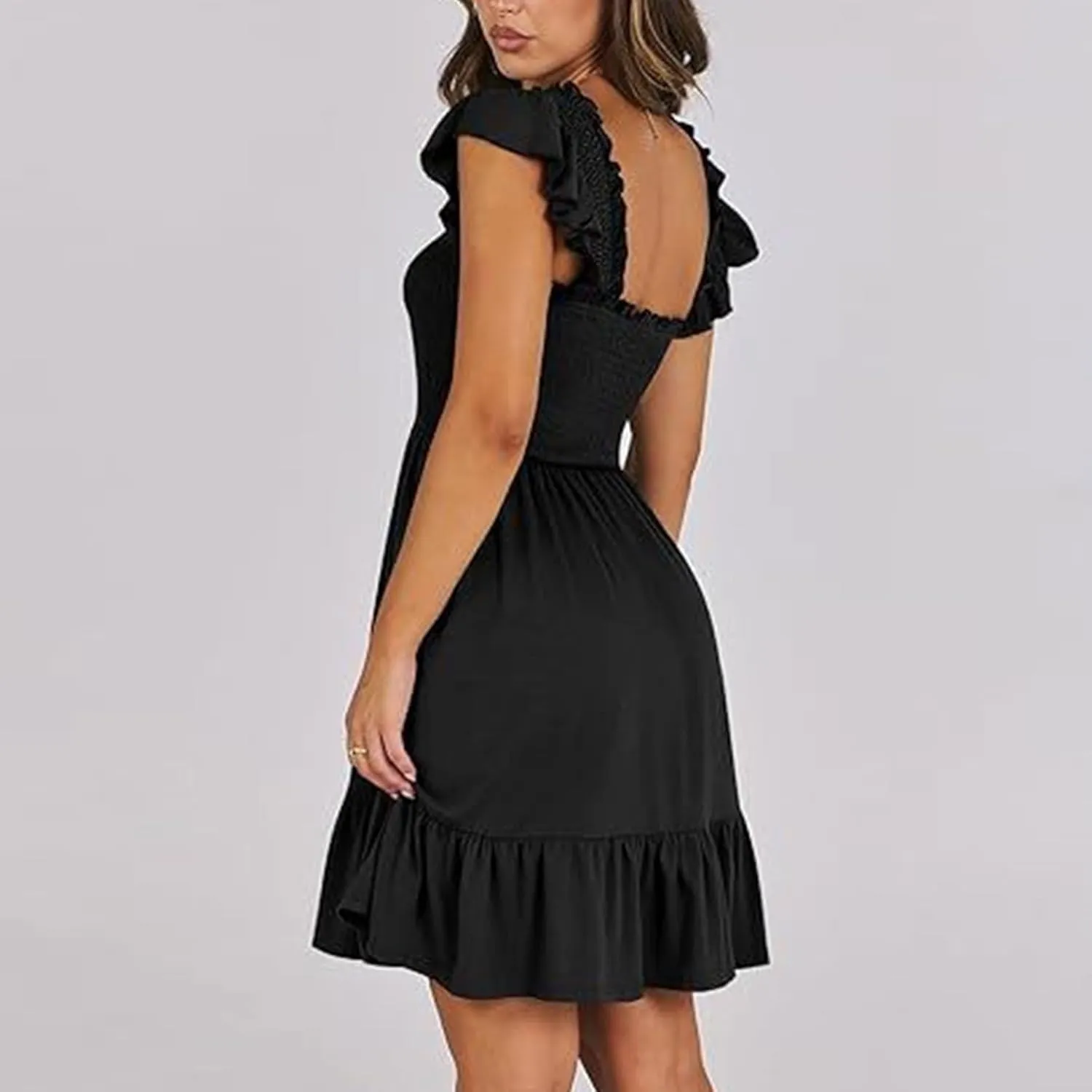 Women Summer Casual Sleeveless Square Neck Smocked Ruffle Backless Boho Mini Dress Flowy Beach Cute Swing Dress