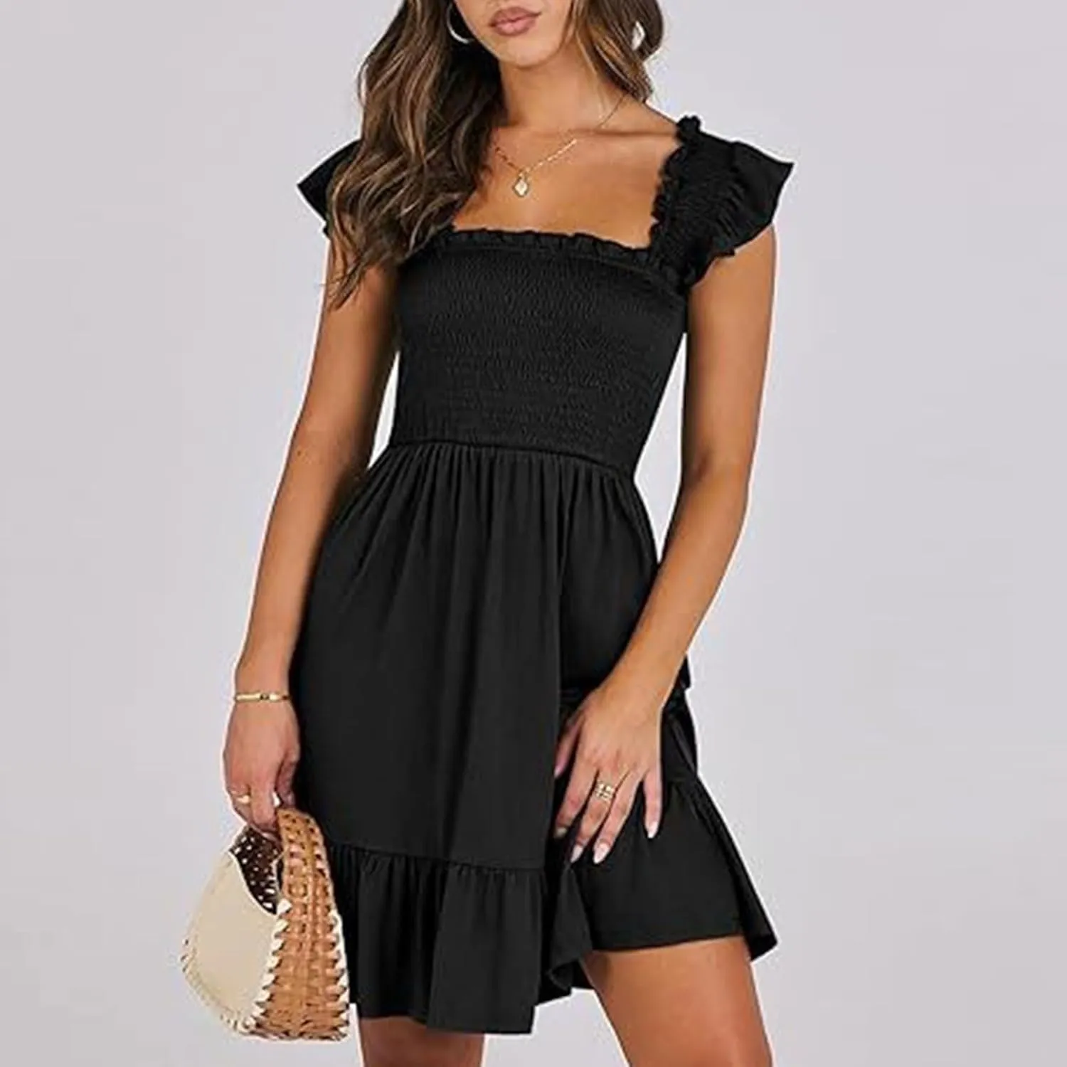 Women Summer Casual Sleeveless Square Neck Smocked Ruffle Backless Boho Mini Dress Flowy Beach Cute Swing Dress
