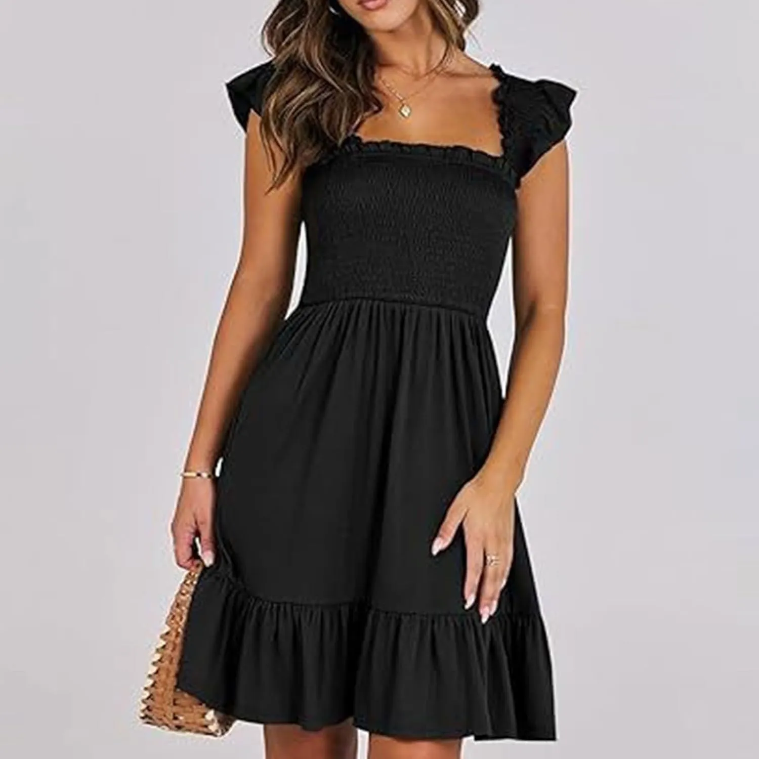 Women Summer Casual Sleeveless Square Neck Smocked Ruffle Backless Boho Mini Dress Flowy Beach Cute Swing Dress