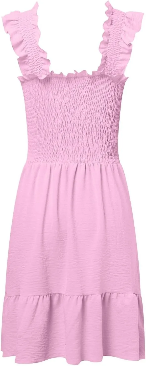 Women Summer Casual Sleeveless Square Neck Smocked Ruffle Backless Boho Mini Dress Flowy Beach Cute Swing Dress