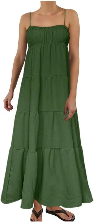 Women Summer Dresses Spaghetti Strap Scoop Neck Smocked Ruffle Loose Flowy Boho Sleeveless Backless Beach Maxi Long Dress