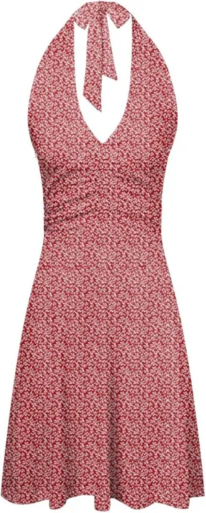 Women Summer Sundress Sleeveless Halter Deep V Neck Backless Boho Floral with Pocket Elastic Waist Ruffle Midi Dress