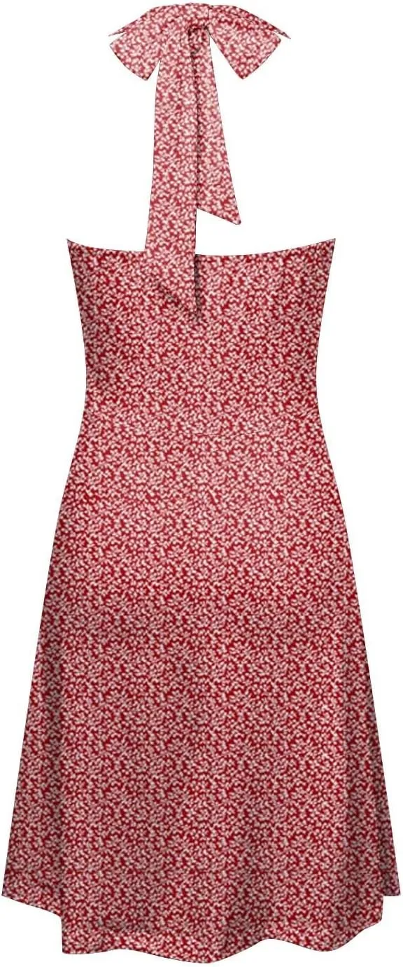 Women Summer Sundress Sleeveless Halter Deep V Neck Backless Boho Floral with Pocket Elastic Waist Ruffle Midi Dress