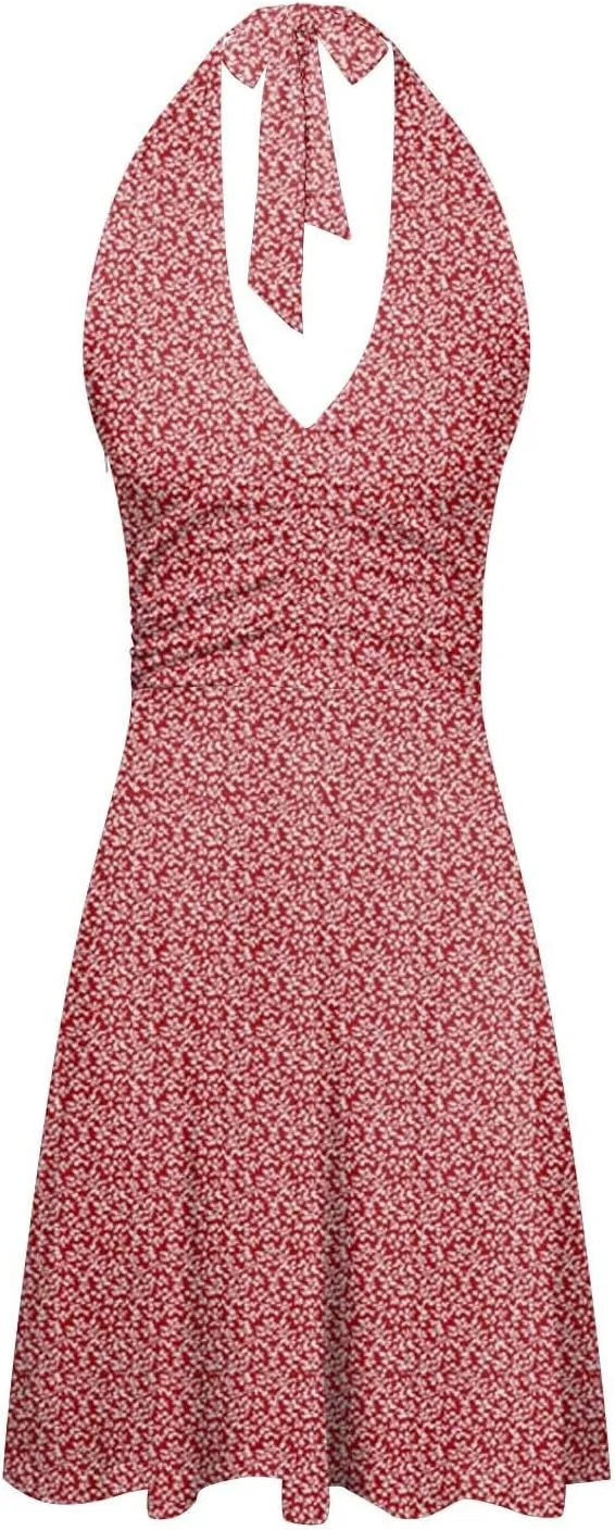 Women Summer Sundress Sleeveless Halter Deep V Neck Backless Boho Floral with Pocket Elastic Waist Ruffle Midi Dress