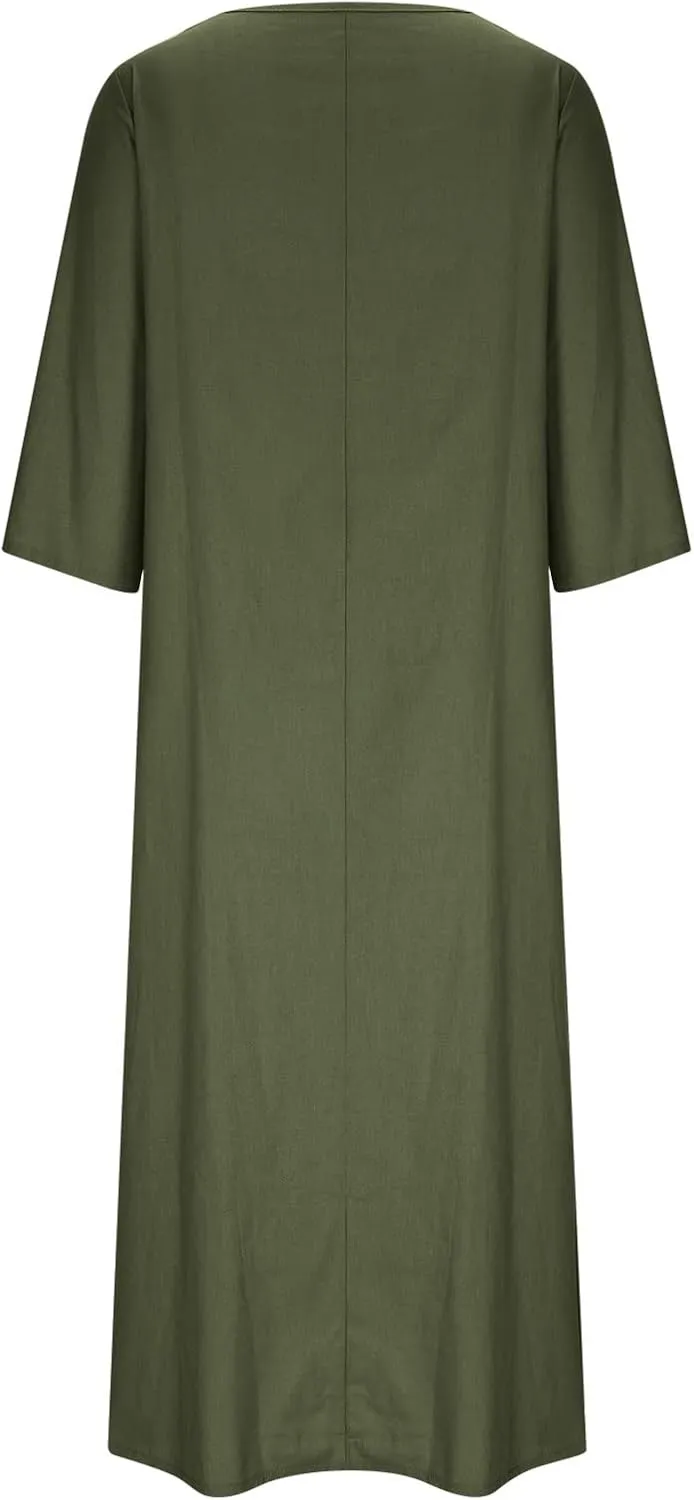 Women Sun Dresses 2024 Casual Summer Bohemian 3/4 Sleeve Dress with Pockets Button Solid Plus Size Elegant Maxi Dress