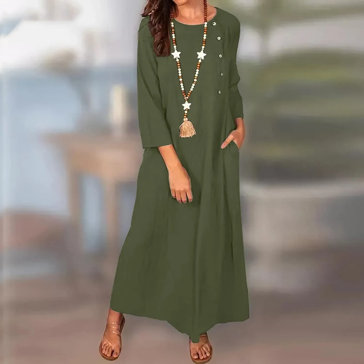 Women Sun Dresses 2024 Casual Summer Bohemian 3/4 Sleeve Dress with Pockets Button Solid Plus Size Elegant Maxi Dress