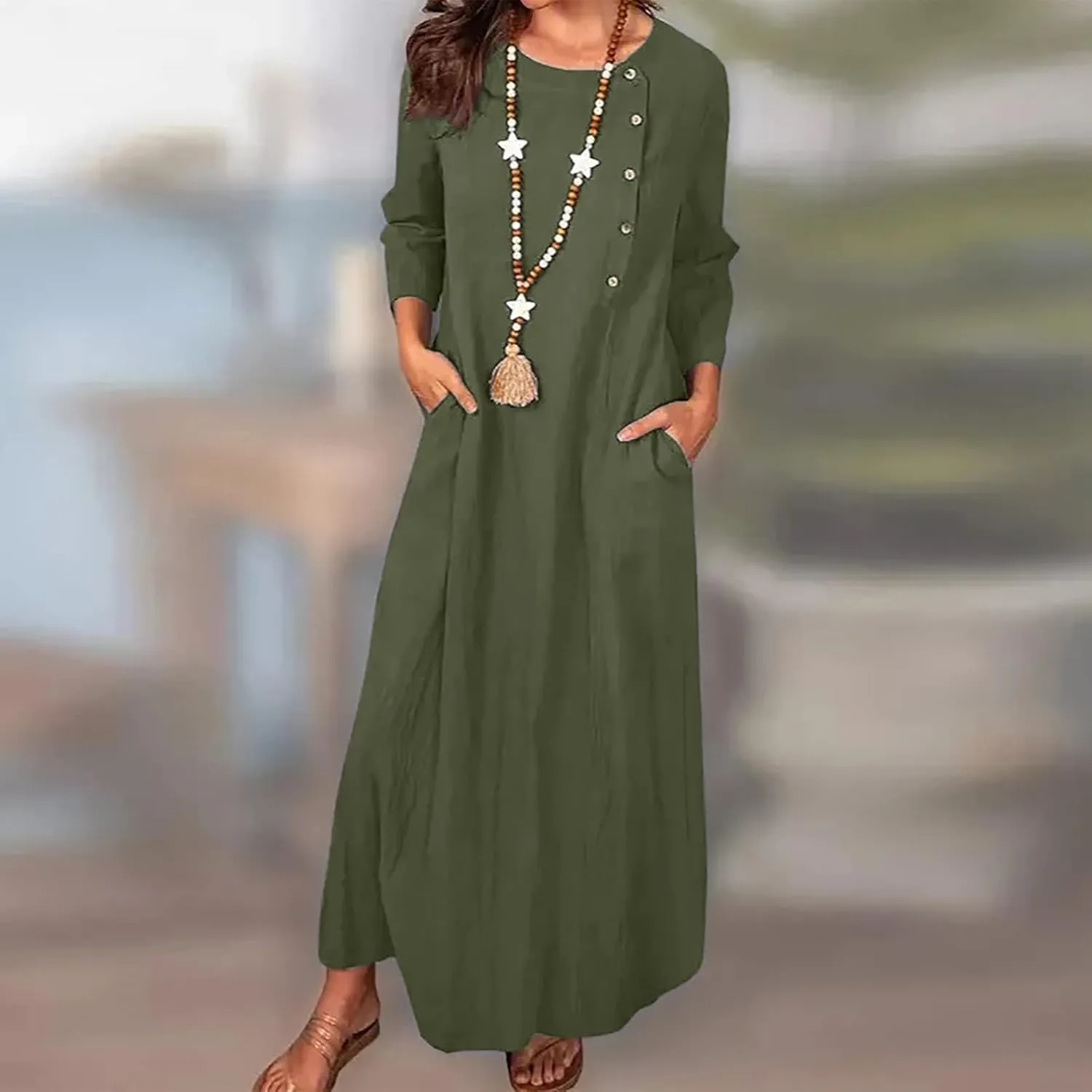 Women Sun Dresses 2024 Casual Summer Bohemian 3/4 Sleeve Dress with Pockets Button Solid Plus Size Elegant Maxi Dress