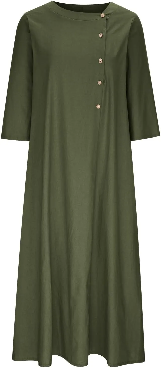 Women Sun Dresses 2024 Casual Summer Bohemian 3/4 Sleeve Dress with Pockets Button Solid Plus Size Elegant Maxi Dress