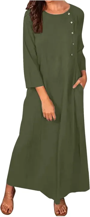 Women Sun Dresses 2024 Casual Summer Bohemian 3/4 Sleeve Dress with Pockets Button Solid Plus Size Elegant Maxi Dress