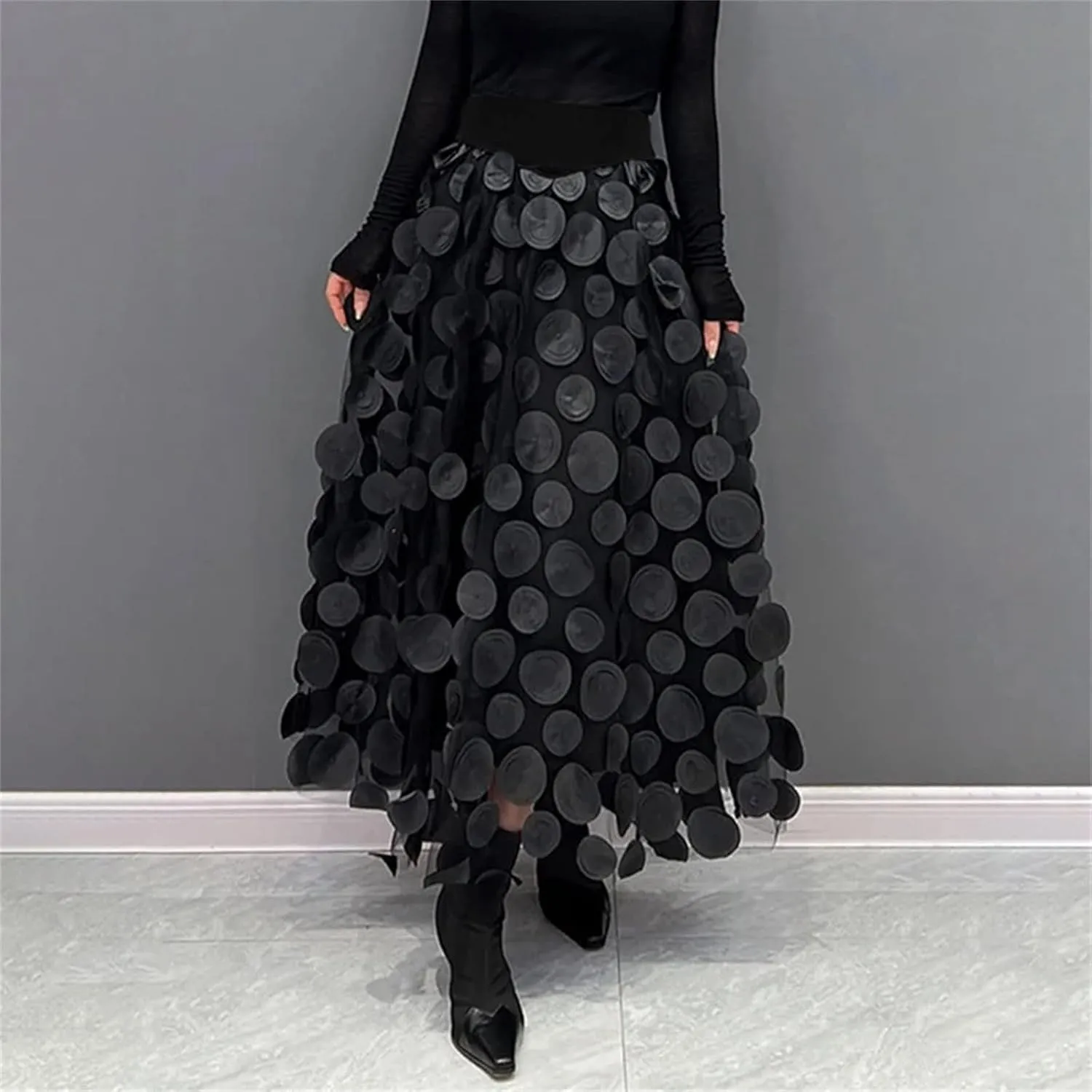 Women Tulle Midi Skirt High Elastic Waist 3D Polka Dot Mesh Skirt A-Line Layered Bubble Skirt Graduation Dress