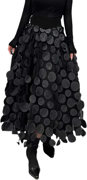 Women Tulle Midi Skirt High Elastic Waist 3D Polka Dot Mesh Skirt A-Line Layered Bubble Skirt Graduation Dress