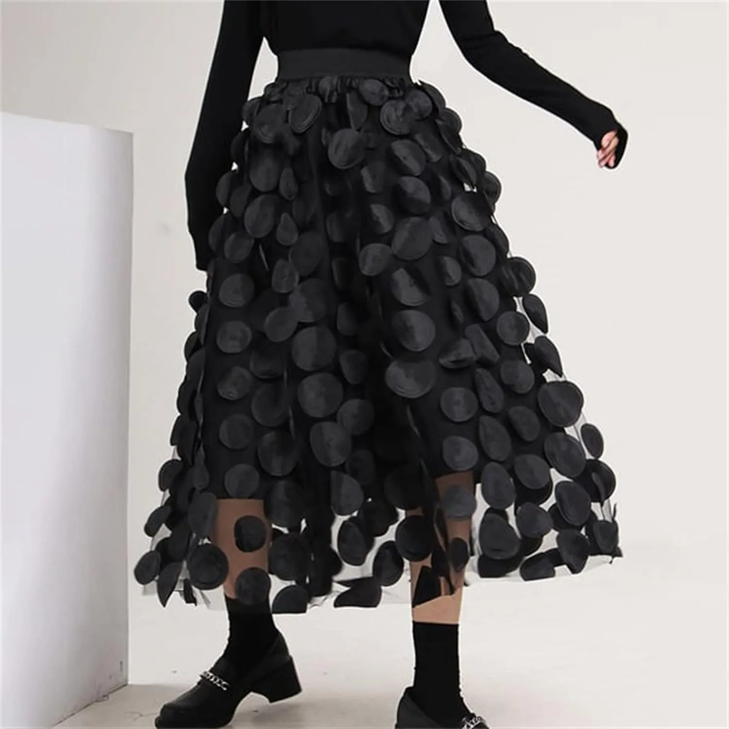 Women Tulle Midi Skirt High Elastic Waist 3D Polka Dot Mesh Skirt A-Line Layered Bubble Skirt Graduation Dress
