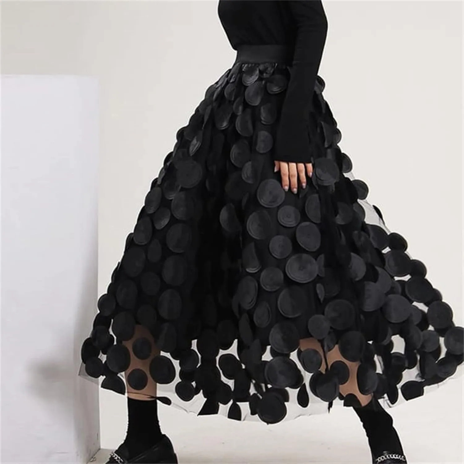 Women Tulle Midi Skirt High Elastic Waist 3D Polka Dot Mesh Skirt A-Line Layered Bubble Skirt Graduation Dress