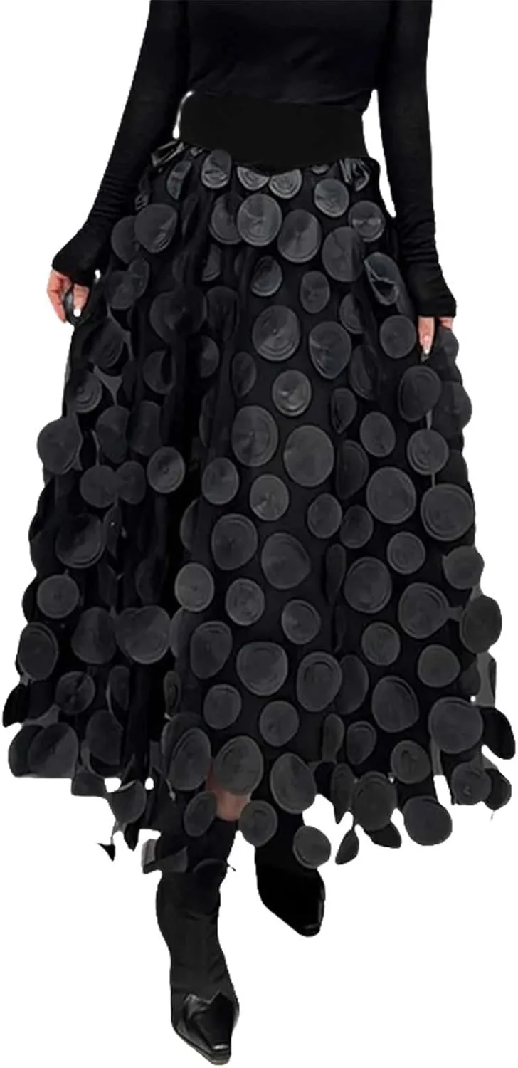 Women Tulle Midi Skirt High Elastic Waist 3D Polka Dot Mesh Skirt A-Line Layered Bubble Skirt Graduation Dress