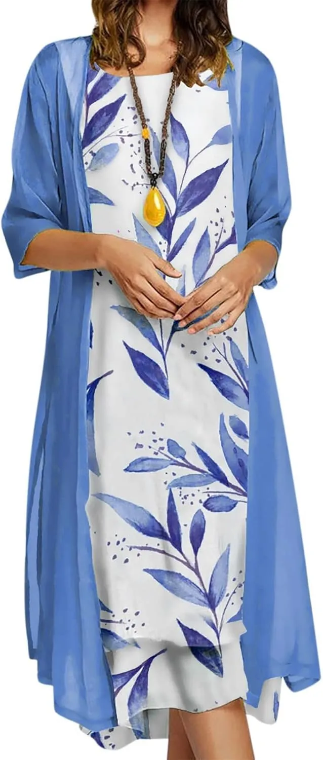 Women Two Piece Outfits Sleeveless Floral Print Long Dress with Cardigan Loose Casual Crew Neck Flowy Maxi Dress