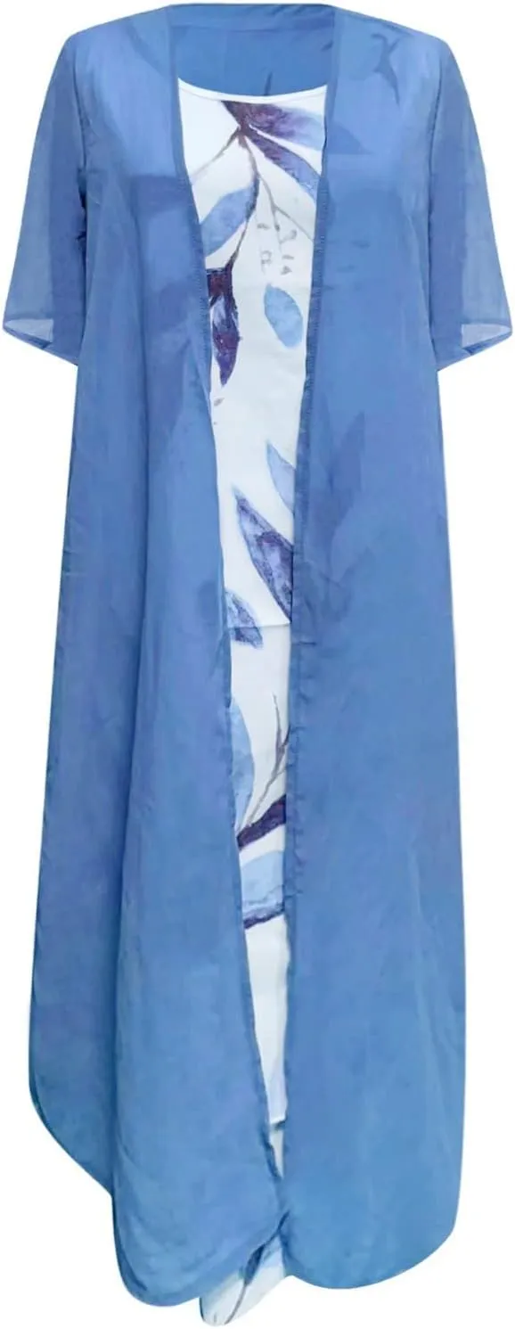 Women Two Piece Outfits Sleeveless Floral Print Long Dress with Cardigan Loose Casual Crew Neck Flowy Maxi Dress