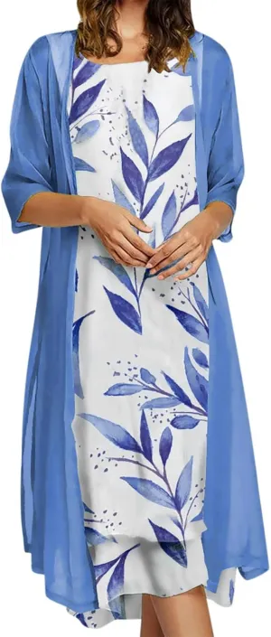 Women Two Piece Outfits Sleeveless Floral Print Long Dress with Cardigan Loose Casual Crew Neck Flowy Maxi Dress