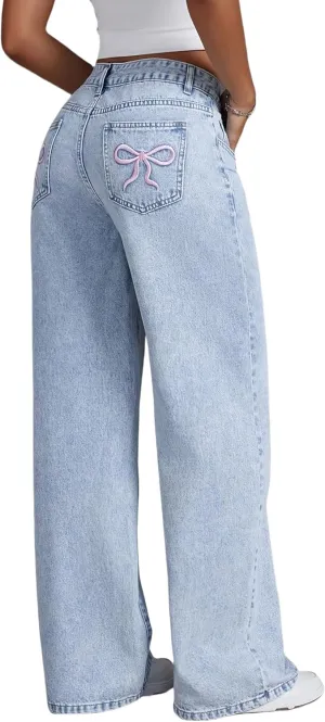 Women Wide Leg Baggy Jeans High Waisted Bowknot Embroidery Denim Pants Straight Leg Boyfriend Trendy Streetwear
