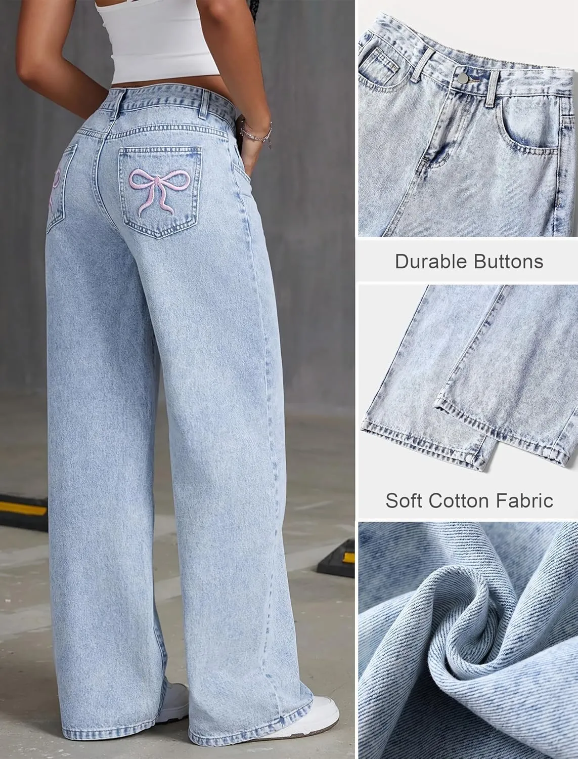 Women Wide Leg Baggy Jeans High Waisted Bowknot Embroidery Denim Pants Straight Leg Boyfriend Trendy Streetwear