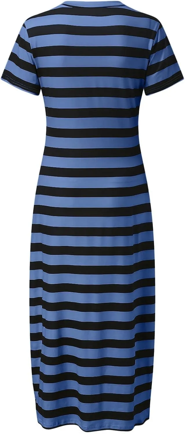 Womens 2024 Casual Maxi Dress Trendy Short Sleeve V Neck High Split Stripe Sundress Summer Long Beach Tshirt Dresses