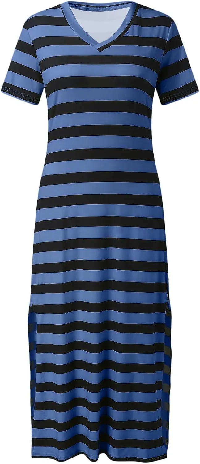 Womens 2024 Casual Maxi Dress Trendy Short Sleeve V Neck High Split Stripe Sundress Summer Long Beach Tshirt Dresses