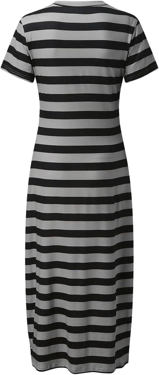 Womens 2024 Casual Maxi Dress Trendy Short Sleeve V Neck High Split Stripe Sundress Summer Long Beach Tshirt Dresses