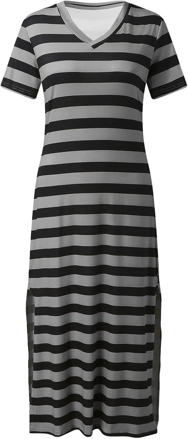 Womens 2024 Casual Maxi Dress Trendy Short Sleeve V Neck High Split Stripe Sundress Summer Long Beach Tshirt Dresses
