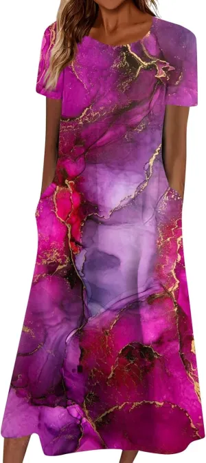 Womens 2024 Fashion Casual Plus Size O Neck Basic Dresses Short Sleeve Flowy Print Summer Dress with Pockets